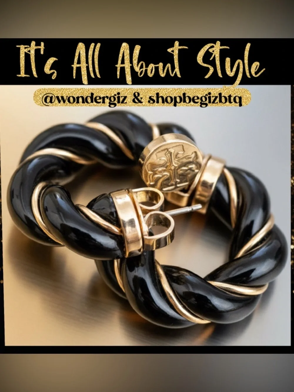 NWT Authentic Tory Burch Black and Gold Textured Rope Hoop Earrings